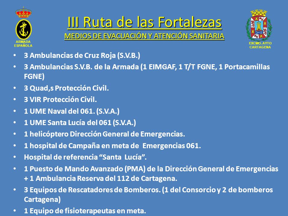 III Ruta de las Fortalezas MEDIOS DE EVACUACIÓN Y ATENCIÓN SANITARIA
