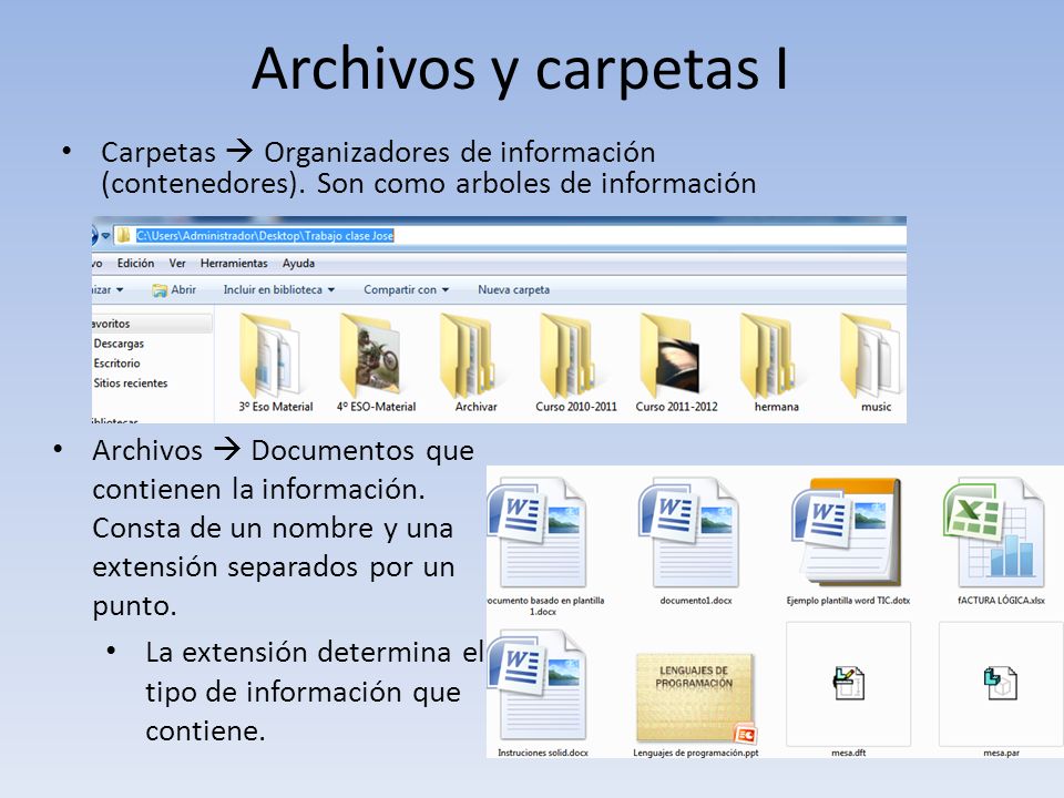 Archivos y carpetas I Carpetas  Organizadores de información (contenedores). Son como arboles de información.