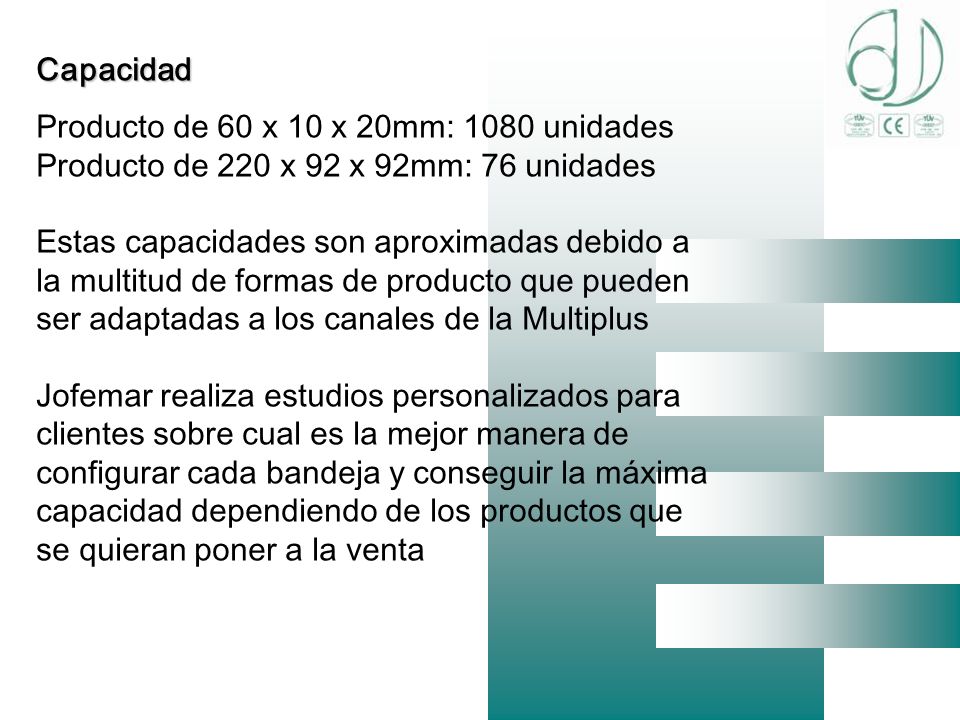 Capacidad Producto de 60 x 10 x 20mm: 1080 unidades. Producto de 220 x 92 x 92mm: 76 unidades.
