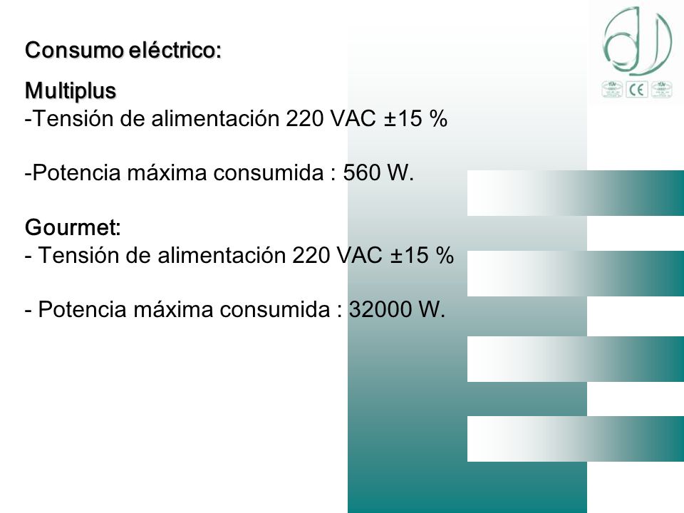 Consumo eléctrico: Multiplus. Tensión de alimentación 220 VAC ±15 % Potencia máxima consumida : 560 W.