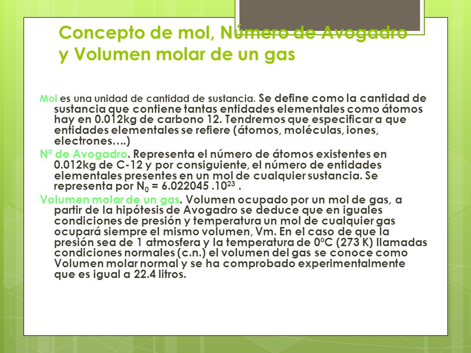 Concepto de mol, Número de Avogadro y Volumen molar de un gas