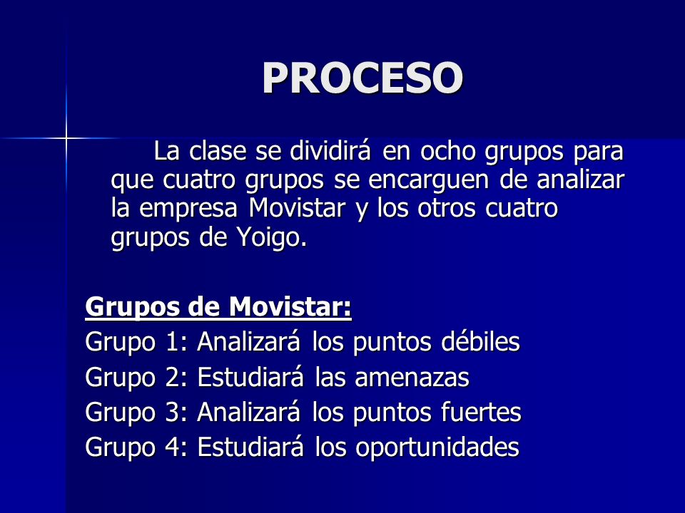 PROCESO La clase se dividirá en ocho grupos para que cuatro grupos se encarguen de analizar la empresa Movistar y los otros cuatro grupos de Yoigo.