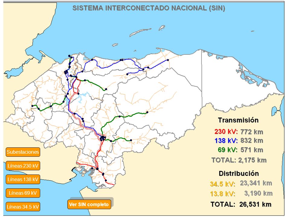 Subestaciones Líneas 230 kV Líneas 138 kV Líneas 69 kV Ver SIN completo Líneas 34.5 kV