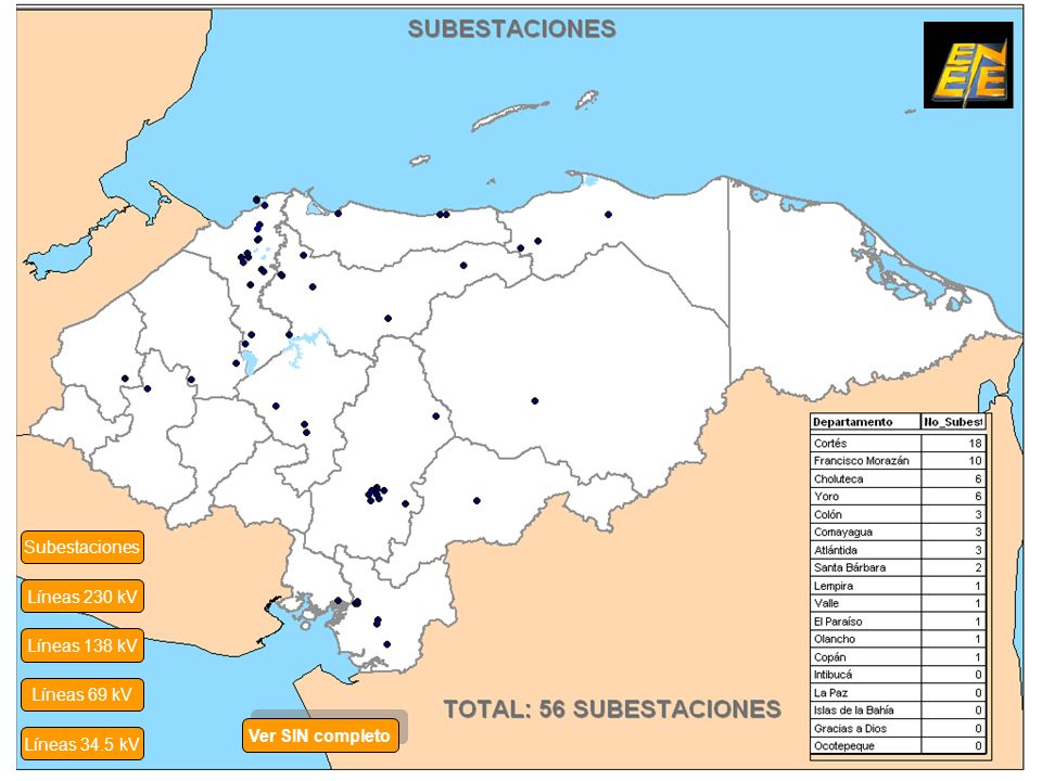 Subestaciones Líneas 230 kV Líneas 138 kV Líneas 69 kV Ver SIN completo Líneas 34.5 kV