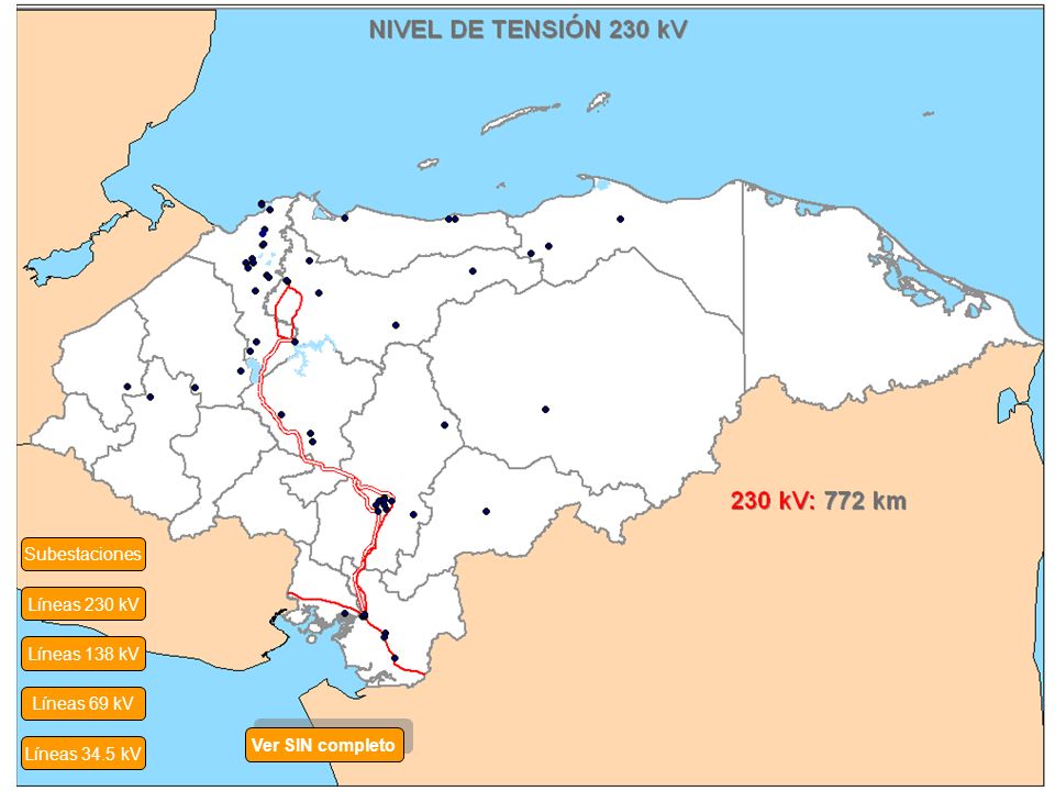 Subestaciones Líneas 230 kV Líneas 138 kV Líneas 69 kV Ver SIN completo Líneas 34.5 kV