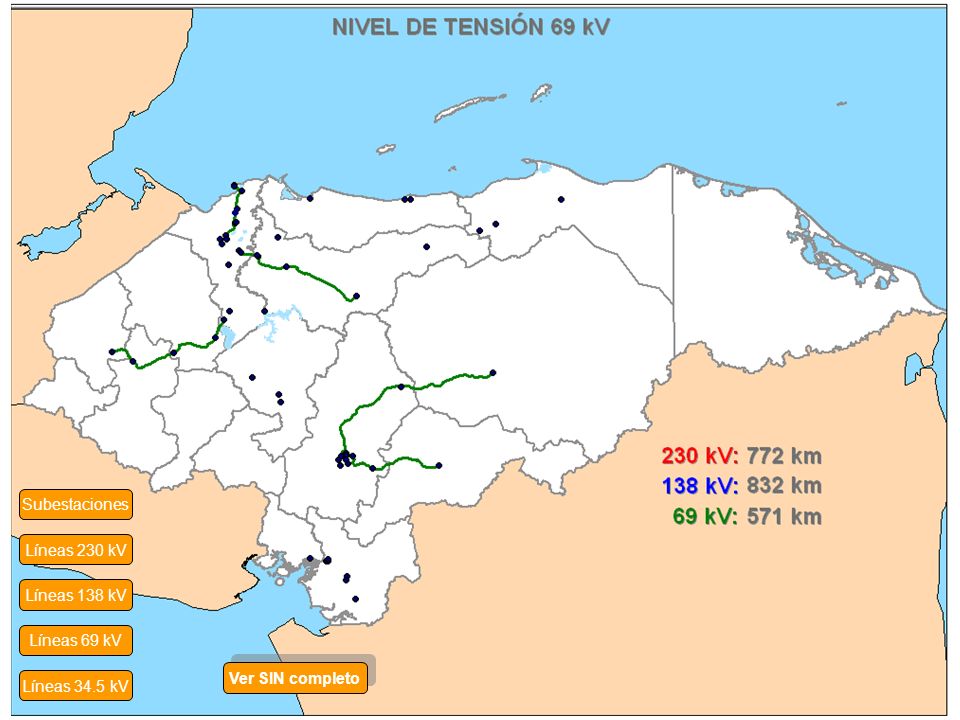 Subestaciones Líneas 230 kV Líneas 138 kV Líneas 69 kV Ver SIN completo Líneas 34.5 kV