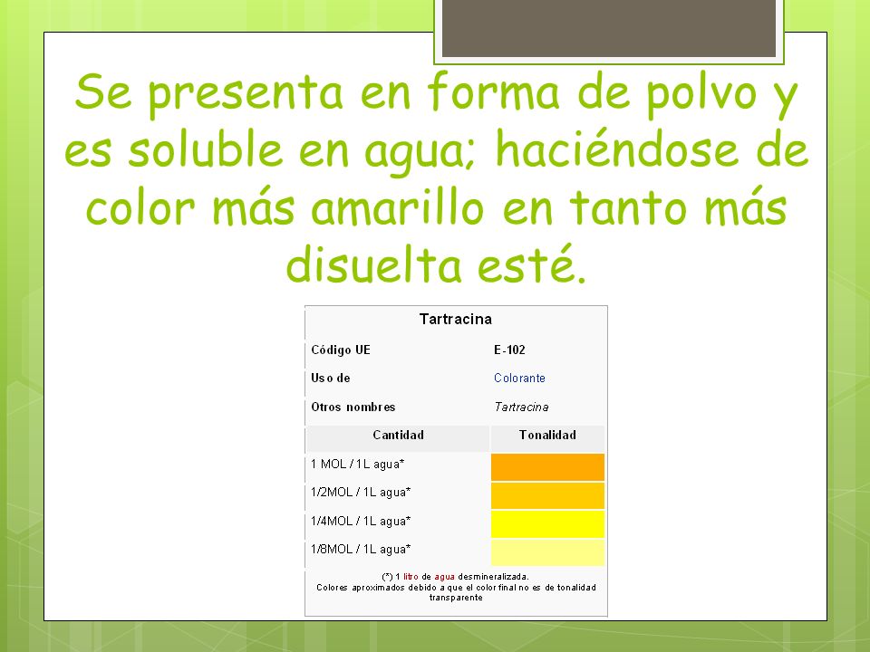 Se presenta en forma de polvo y es soluble en agua; haciéndose de color más amarillo en tanto más disuelta esté.