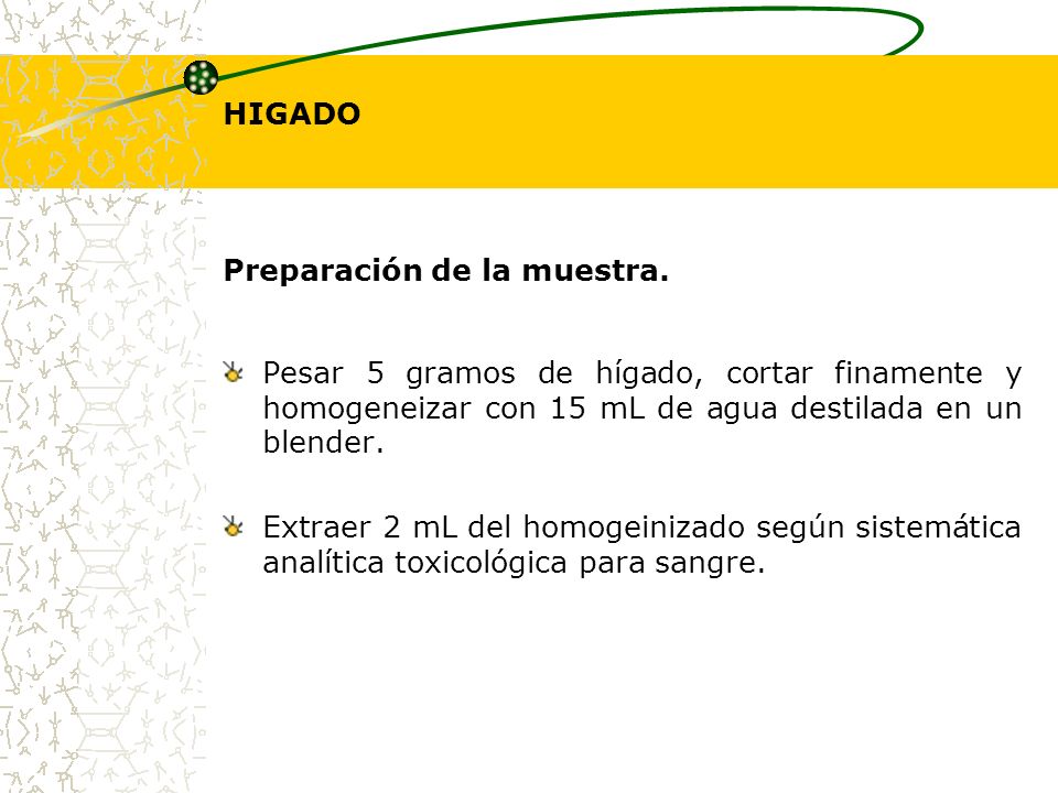 HIGADO Preparación de la muestra. Pesar 5 gramos de hígado, cortar finamente y homogeneizar con 15 mL de agua destilada en un blender.