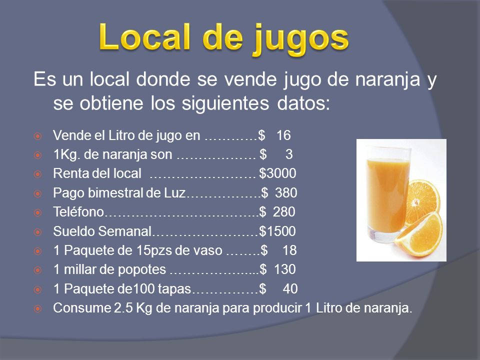 Local de jugos Es un local donde se vende jugo de naranja y se obtiene los siguientes datos: Vende el Litro de jugo en …………$ 16.