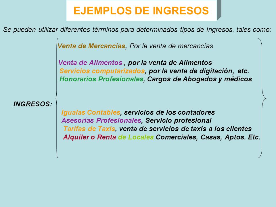 EJEMPLOS DE INGRESOS Se pueden utilizar diferentes términos para determinados tipos de Ingresos, tales como:
