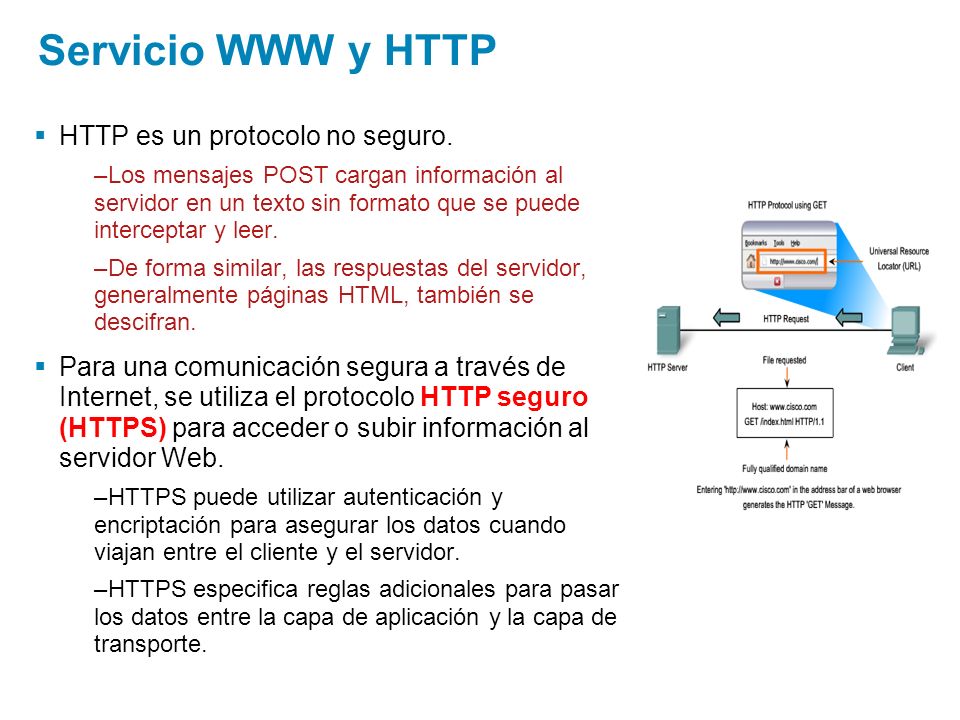 Servicio WWW y HTTP HTTP es un protocolo no seguro.
