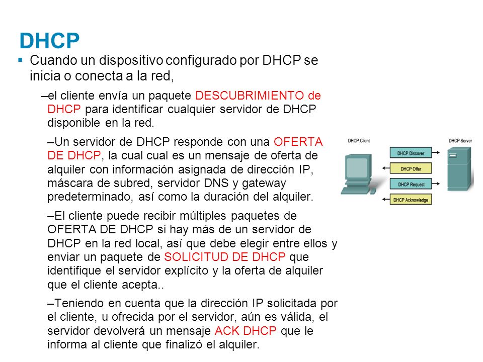 DHCP Cuando un dispositivo configurado por DHCP se inicia o conecta a la red,