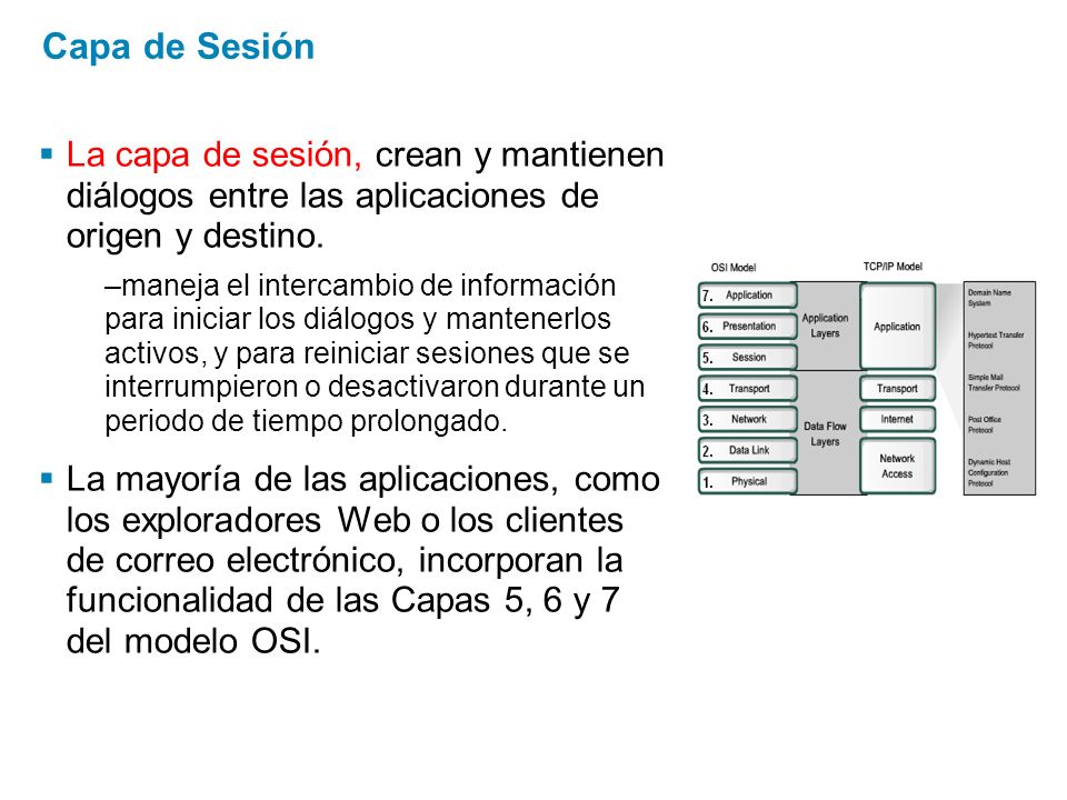 Capa de Sesión La capa de sesión, crean y mantienen diálogos entre las aplicaciones de origen y destino.