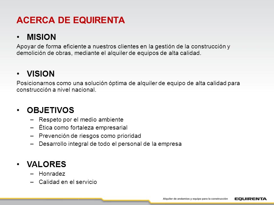 ACERCA DE EQUIRENTA MISION VISION OBJETIVOS VALORES