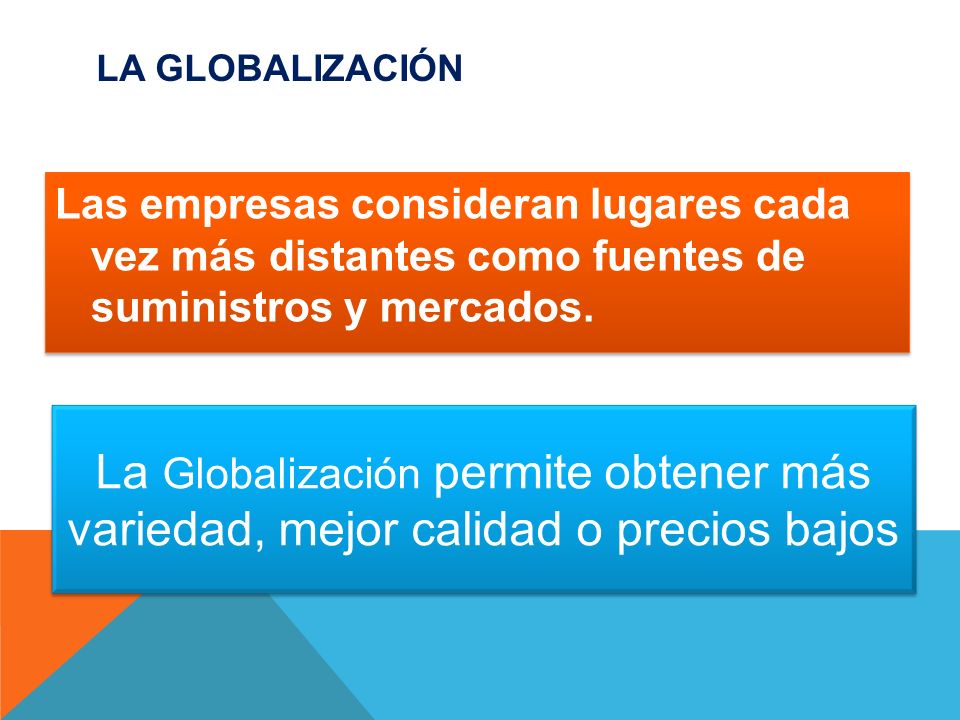 La Globalización Las empresas consideran lugares cada vez más distantes como fuentes de suministros y mercados.