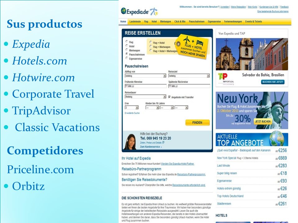 Sus productos Expedia. Hotels.com. Hotwire.com. Corporate Travel. TripAdvisor. Classic Vacations.