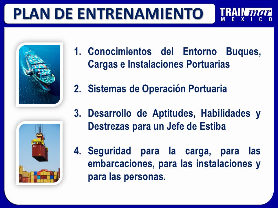 PLAN DE ENTRENAMIENTO Conocimientos del Entorno Buques, Cargas e Instalaciones Portuarias. Sistemas de Operación Portuaria.