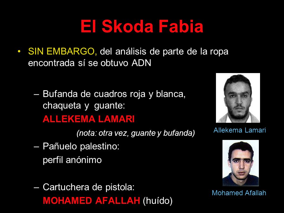 El Skoda Fabia SIN EMBARGO, del análisis de parte de la ropa encontrada sí se obtuvo ADN. Bufanda de cuadros roja y blanca, chaqueta y guante: