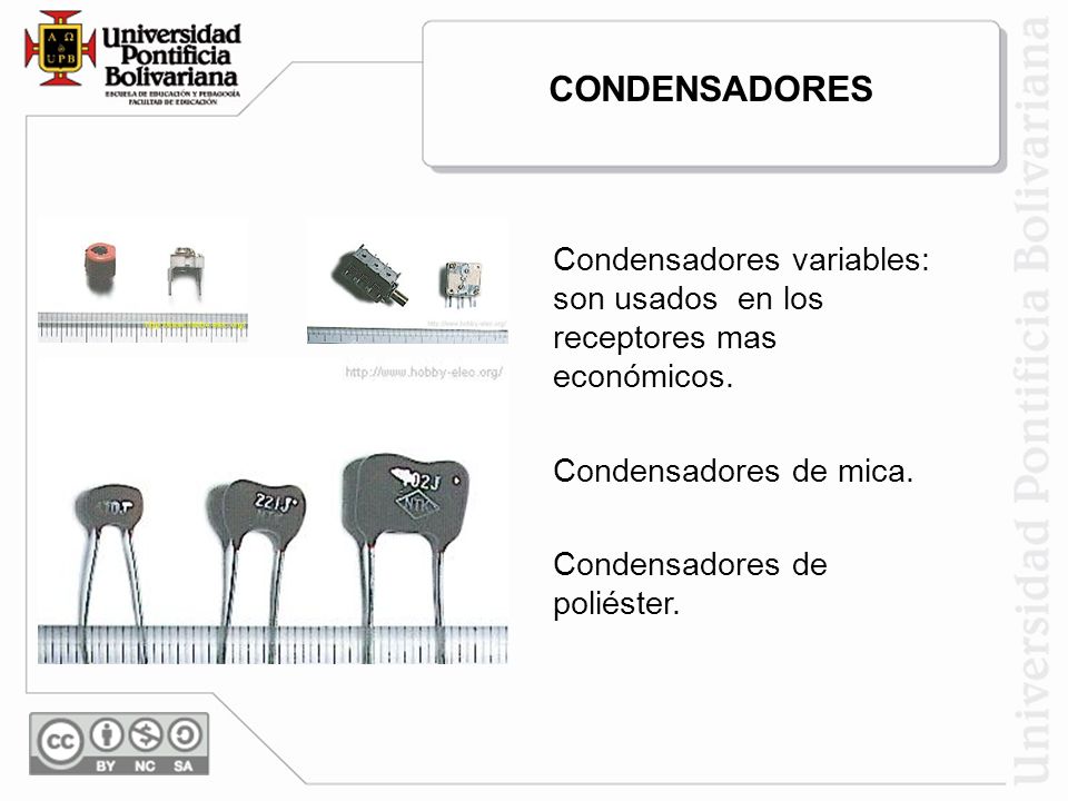 CONDENSADORES Condensadores variables: son usados en los receptores mas económicos. Condensadores de mica.