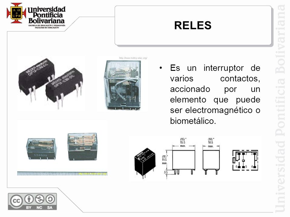 RELES Es un interruptor de varios contactos, accionado por un elemento que puede ser electromagnético o biometálico.