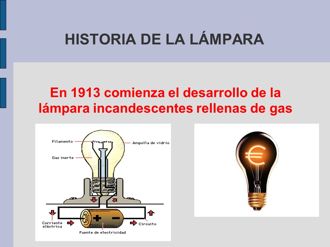 HISTORIA DE LA LÁMPARA En 1913 comienza el desarrollo de la lámpara incandescentes rellenas de gas