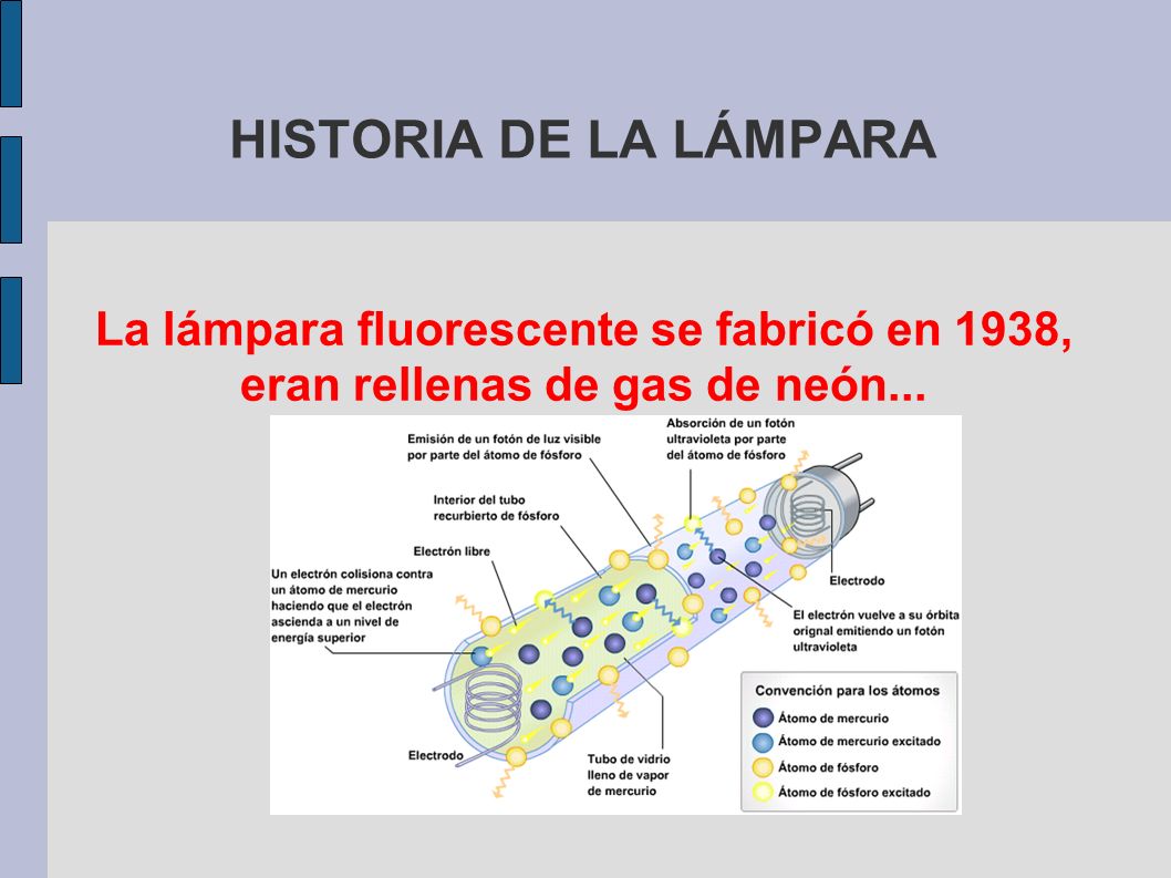 HISTORIA DE LA LÁMPARA La lámpara fluorescente se fabricó en 1938, eran rellenas de gas de neón...