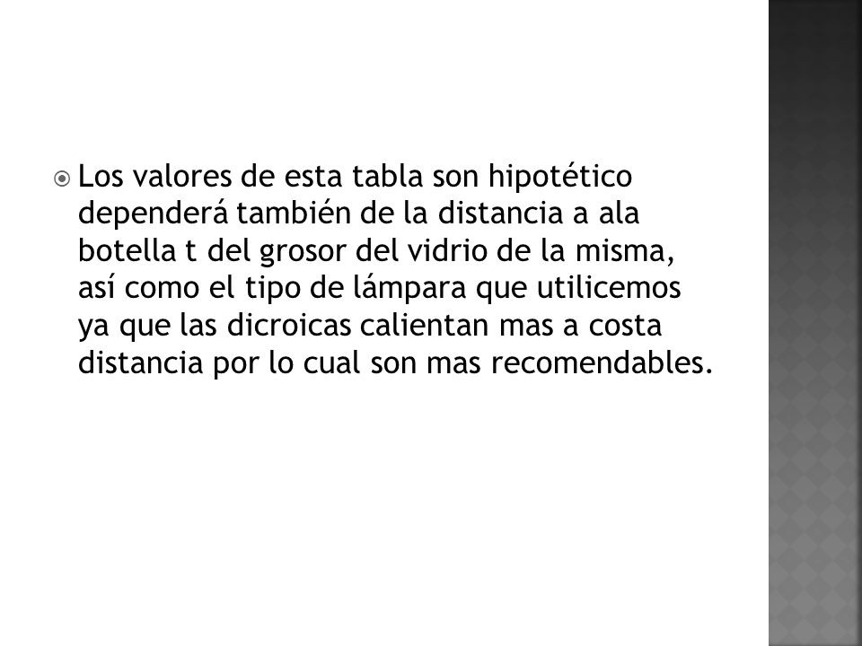 Los valores de esta tabla son hipotético dependerá también de la distancia a ala botella t del grosor del vidrio de la misma, así como el tipo de lámpara que utilicemos ya que las dicroicas calientan mas a costa distancia por lo cual son mas recomendables.