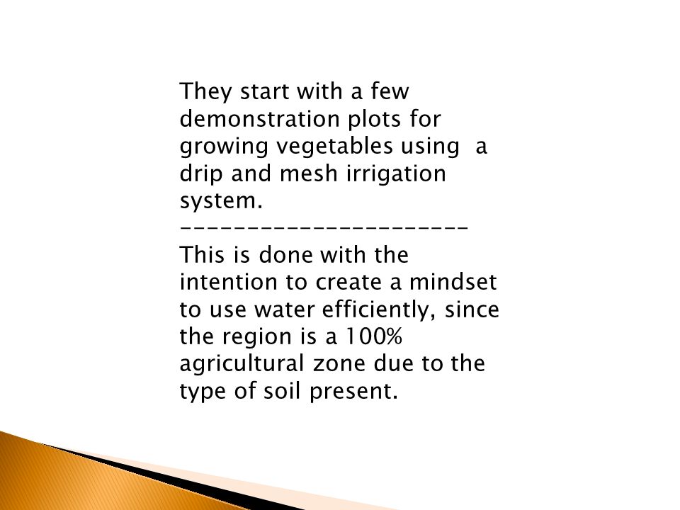 They start with a few demonstration plots for growing vegetables using a drip and mesh irrigation system.