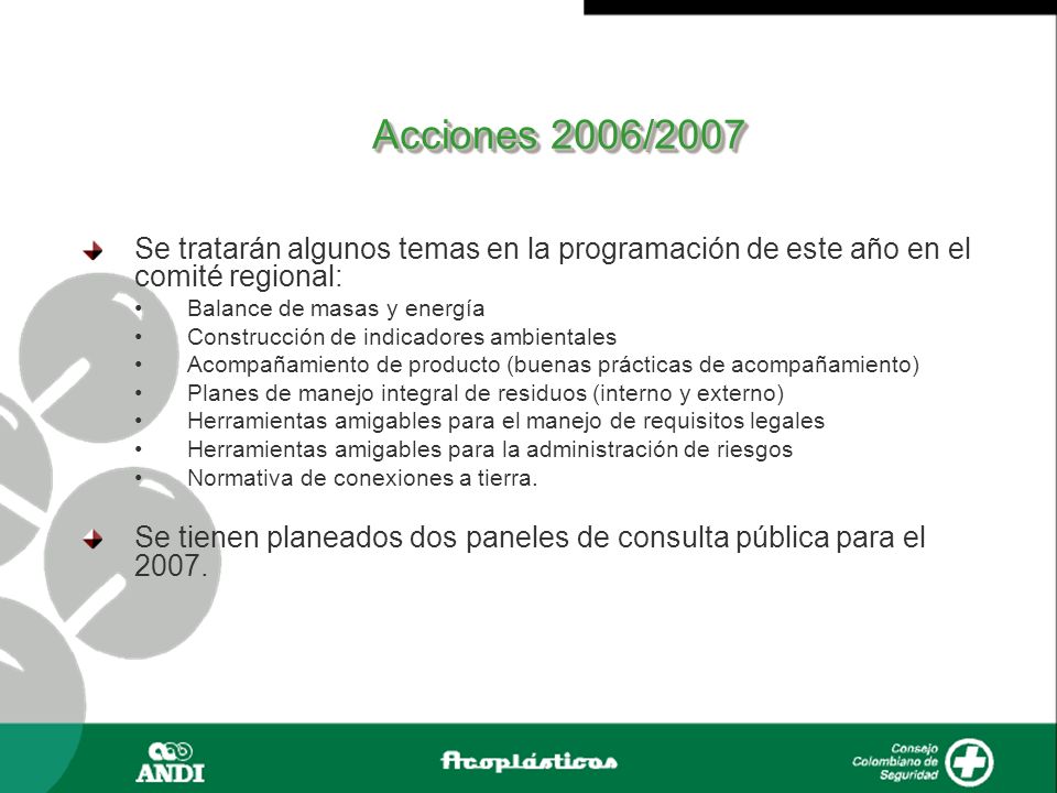 Acciones 2006/2007 Se tratarán algunos temas en la programación de este año en el comité regional: Balance de masas y energía.