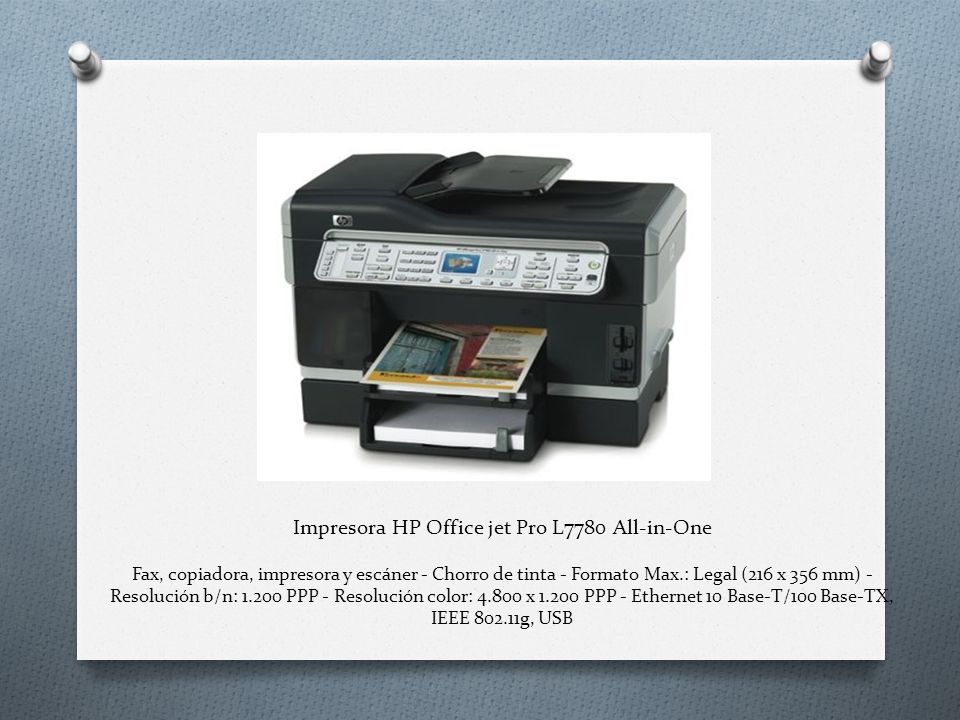 Impresora HP Office jet Pro L7780 All-in-One Fax, copiadora, impresora y escáner - Chorro de tinta - Formato Max.: Legal (216 x 356 mm) - Resolución b/n: PPP - Resolución color: x PPP - Ethernet 10 Base-T/100 Base-TX, IEEE g, USB