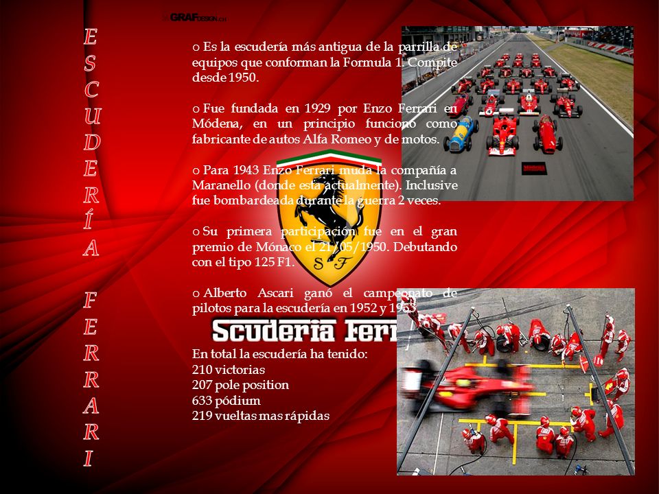 ESCUDERÍA FERRARI. Es la escudería más antigua de la parrilla de equipos que conforman la Formula 1. Compite desde