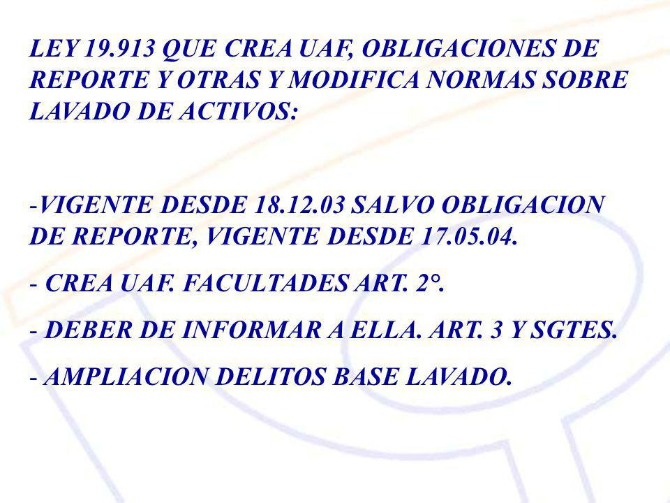 LEY QUE CREA UAF, OBLIGACIONES DE REPORTE Y OTRAS Y MODIFICA NORMAS SOBRE LAVADO DE ACTIVOS: