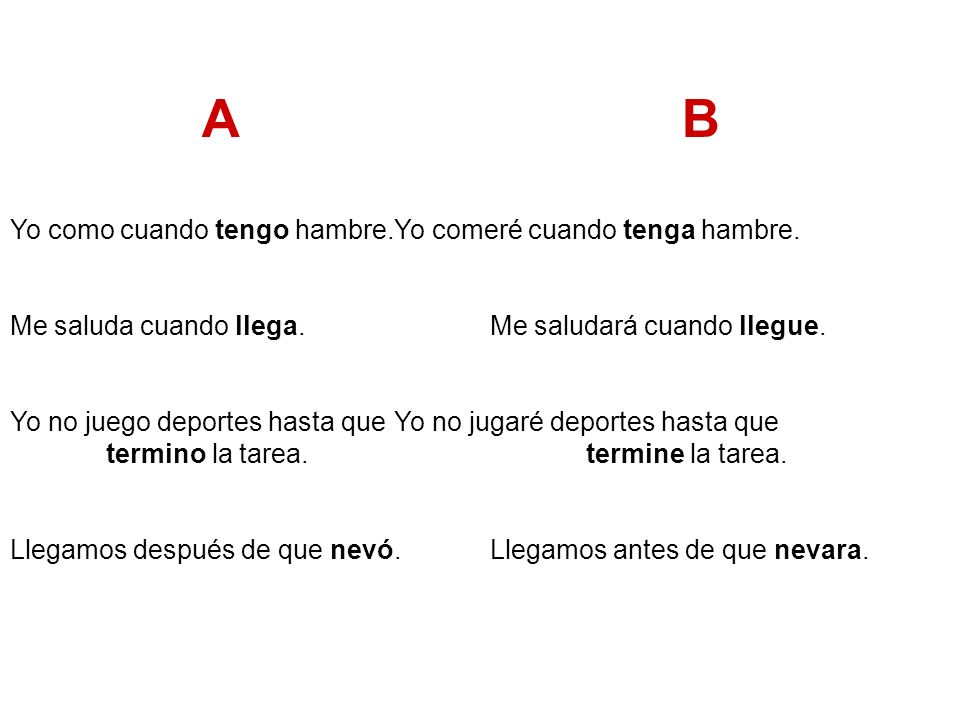 A B Yo como cuando tengo hambre. Yo comeré cuando tenga hambre. Me saluda cuando llega. Me saludará cuando llegue.