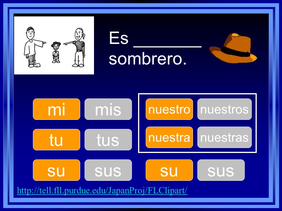 Es _______ sombrero. mi mis tu tus su sus su sus nuestro nuestros
