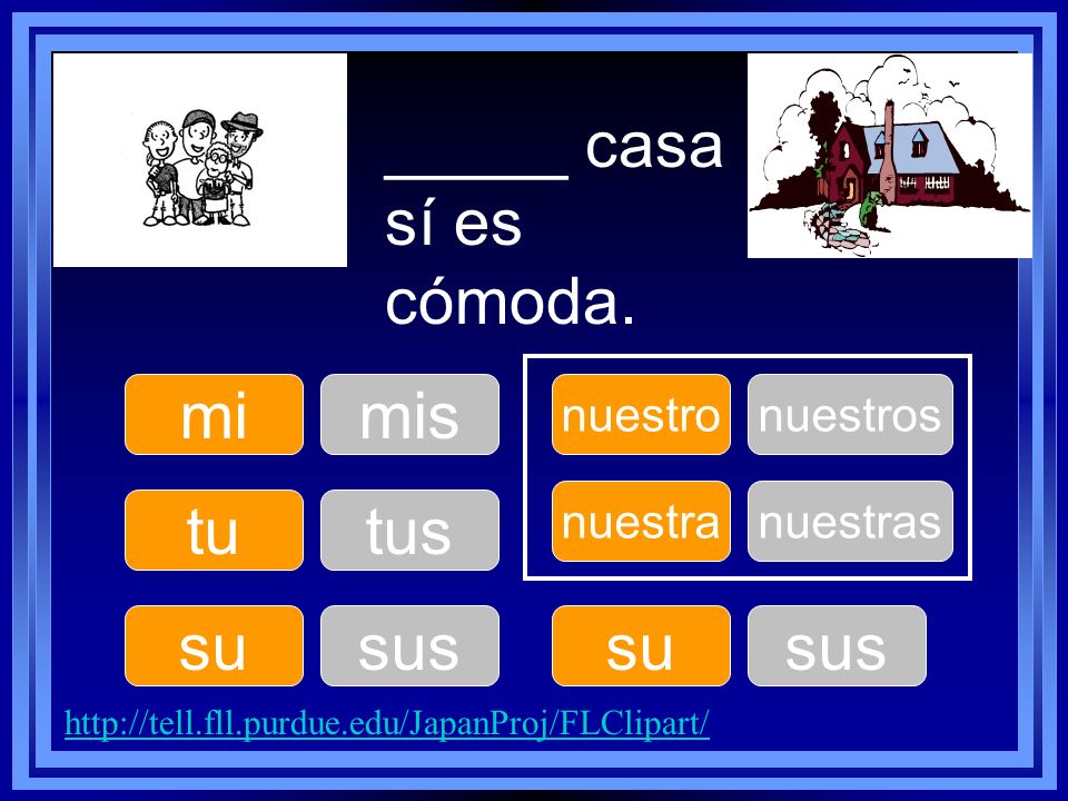 _____ casa sí es cómoda. mi mis tu tus su sus su sus nuestro nuestros