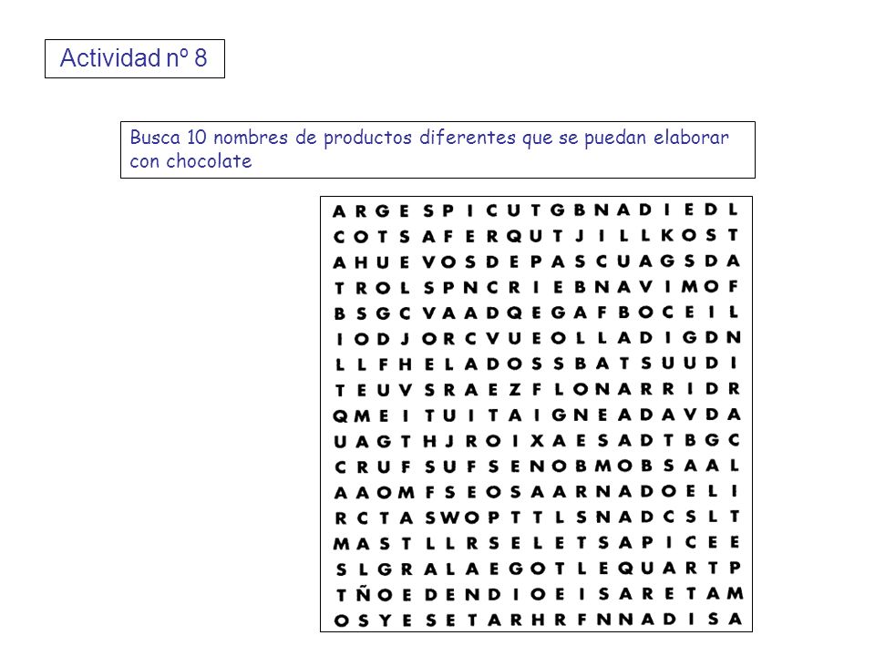 Actividad nº 8 Busca 10 nombres de productos diferentes que se puedan elaborar con chocolate