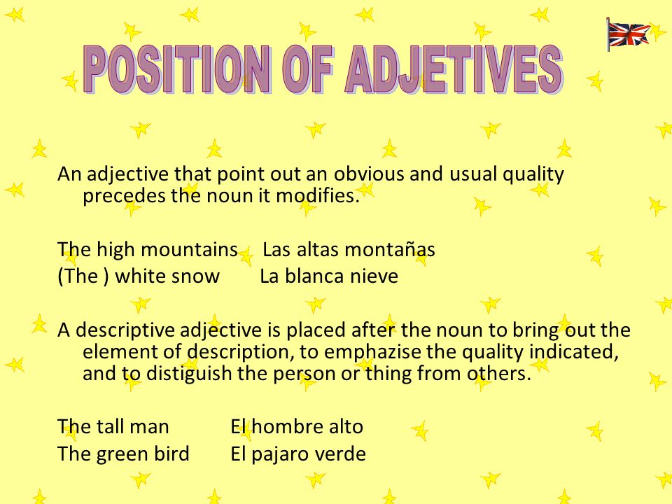 POSITION OF ADJETIVES An adjective that point out an obvious and usual quality precedes the noun it modifies.