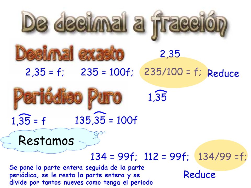 Restamos 2,35 2,35 = f; 235 = 100f; 235/100 = f; Reduce 1,35 1,35 = f