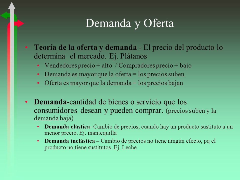Demanda y Oferta Teoría de la oferta y demanda - El precio del producto lo determina el mercado. Ej. Plátanos.
