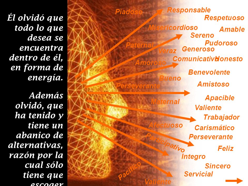 Responsable Piadoso. Él olvidó que todo lo que desea se encuentra dentro de él, en forma de energía.