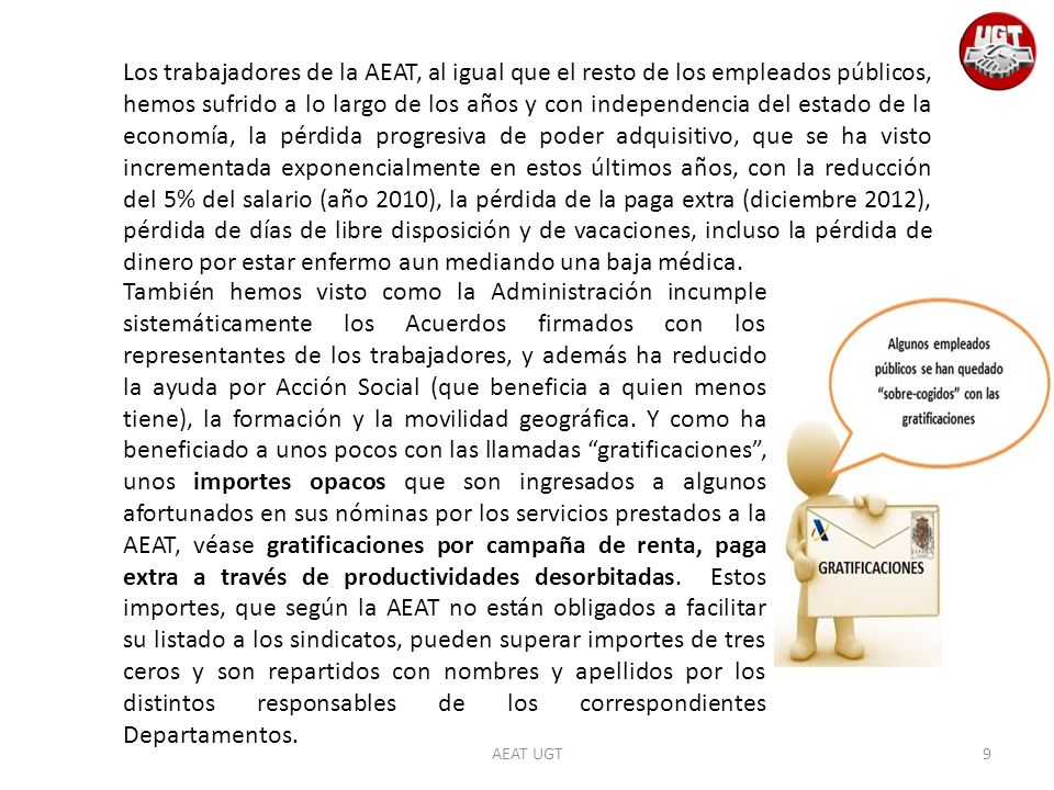 Los trabajadores de la AEAT, al igual que el resto de los empleados públicos, hemos sufrido a lo largo de los años y con independencia del estado de la economía, la pérdida progresiva de poder adquisitivo, que se ha visto incrementada exponencialmente en estos últimos años, con la reducción del 5% del salario (año 2010), la pérdida de la paga extra (diciembre 2012), pérdida de días de libre disposición y de vacaciones, incluso la pérdida de dinero por estar enfermo aun mediando una baja médica.