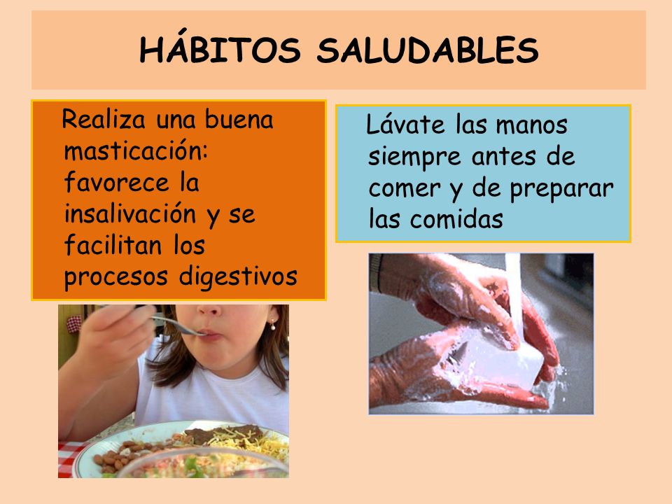 HÁBITOS SALUDABLES Realiza una buena masticación: favorece la insalivación y se facilitan los procesos digestivos.