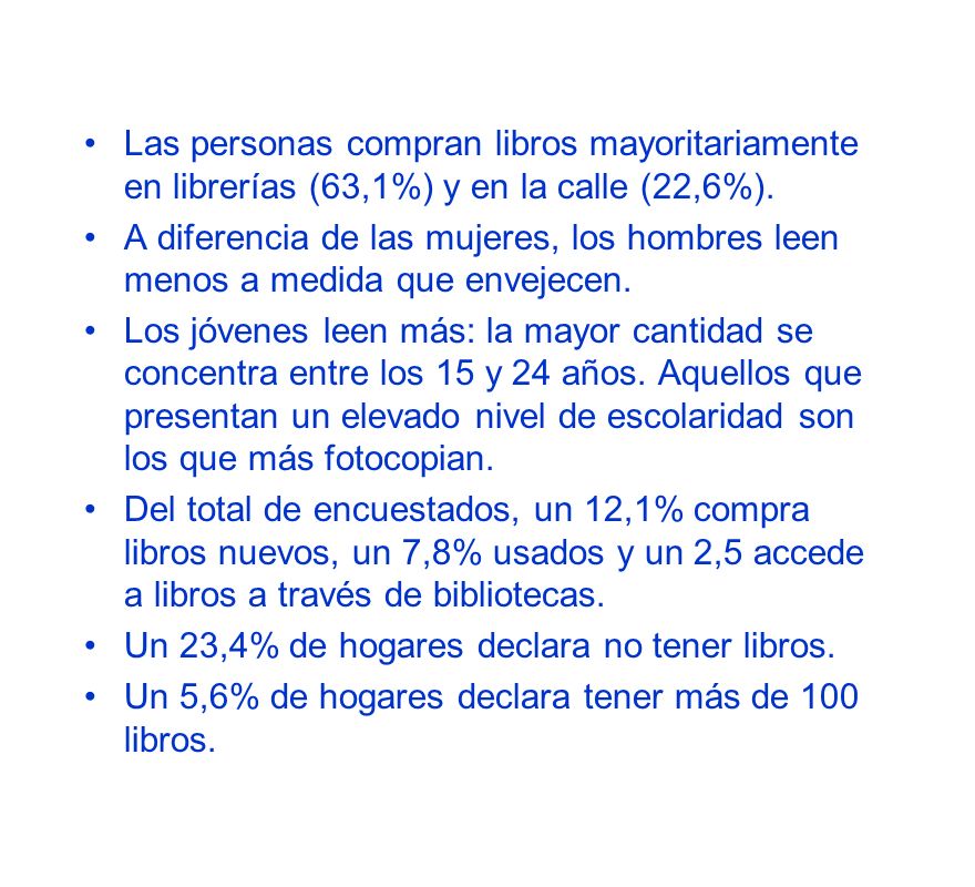 Las personas compran libros mayoritariamente en librerías (63,1%) y en la calle (22,6%).