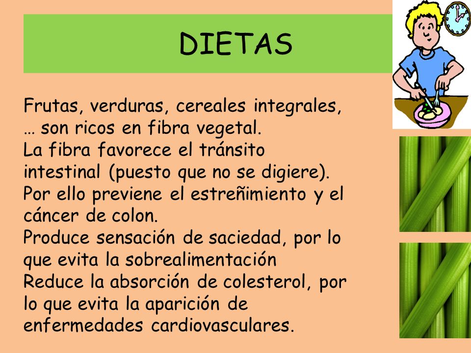 DIETAS Frutas, verduras, cereales integrales, … son ricos en fibra vegetal. La fibra favorece el tránsito intestinal (puesto que no se digiere).