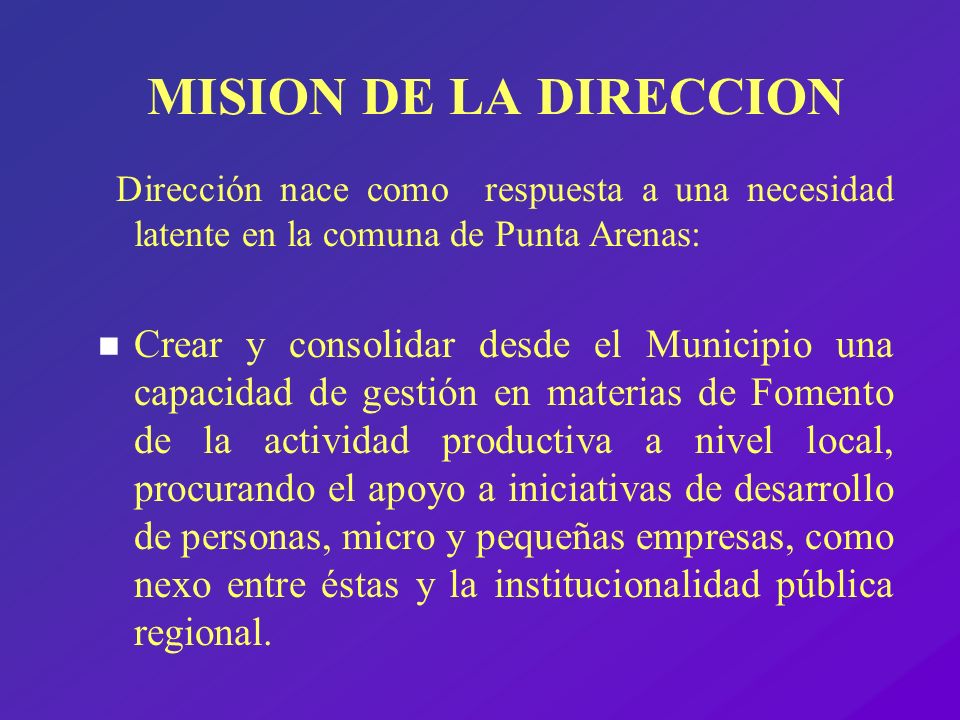 MISION DE LA DIRECCION Dirección nace como respuesta a una necesidad latente en la comuna de Punta Arenas: