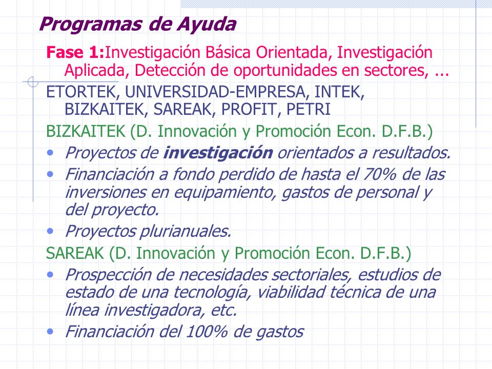 Programas de Ayuda Fase 1:Investigación Básica Orientada, Investigación Aplicada, Detección de oportunidades en sectores, ...