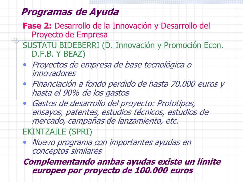 Programas de Ayuda Fase 2: Desarrollo de la Innovación y Desarrollo del Proyecto de Empresa.