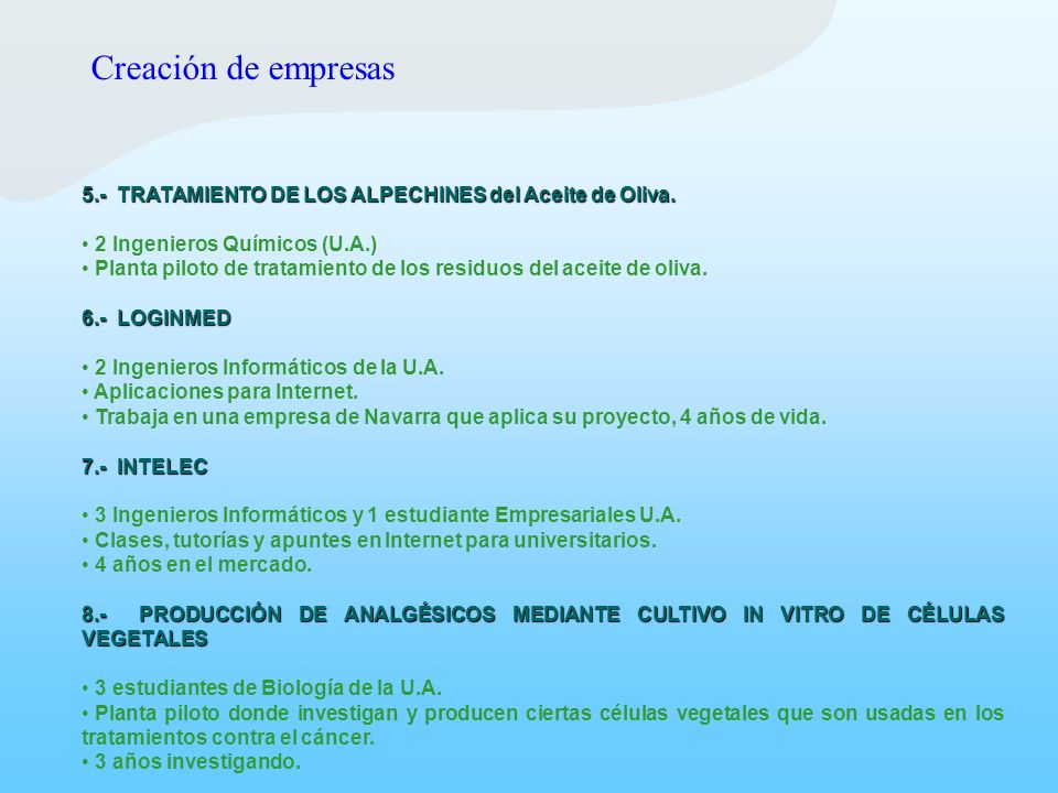 Creación de empresas 5.- TRATAMIENTO DE LOS ALPECHINES del Aceite de Oliva. 2 Ingenieros Químicos (U.A.)