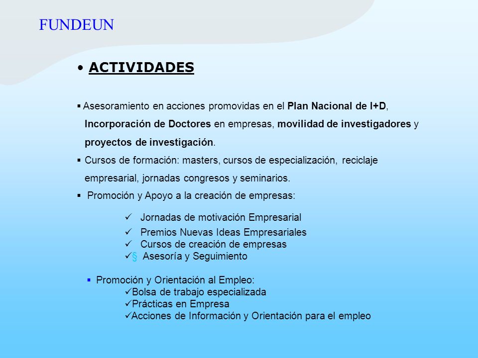 FUNDEUN ACTIVIDADES. Asesoramiento en acciones promovidas en el Plan Nacional de I+D,