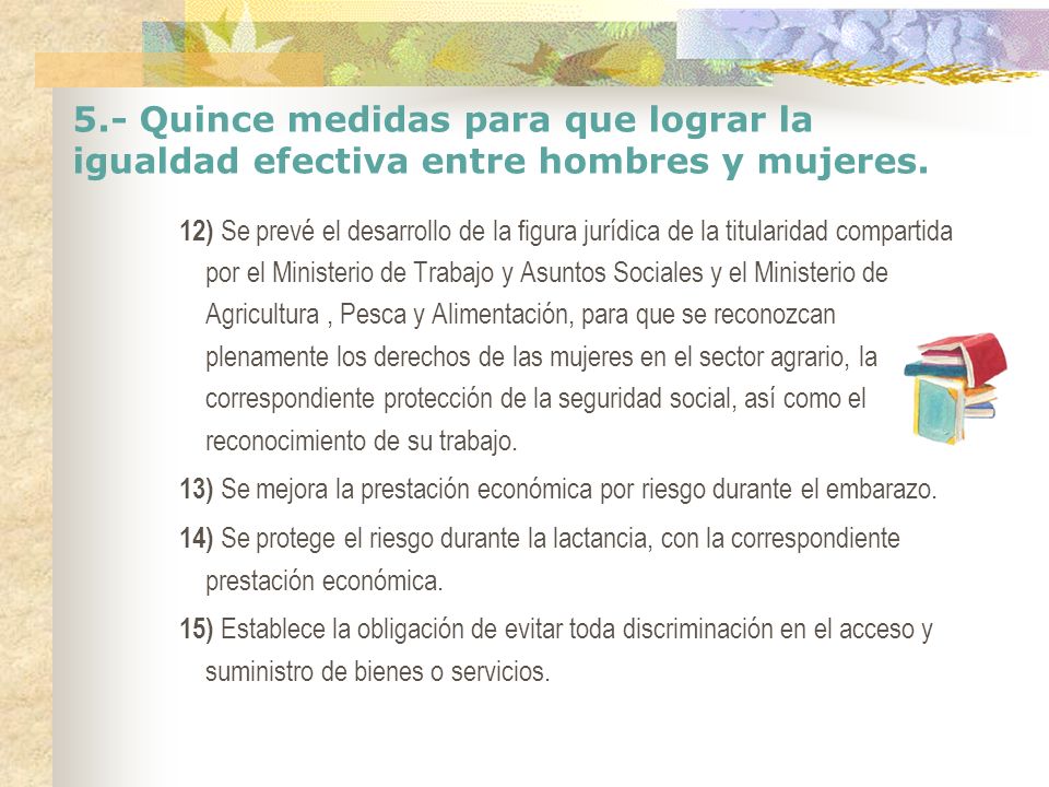 5.- Quince medidas para que lograr la igualdad efectiva entre hombres y mujeres.